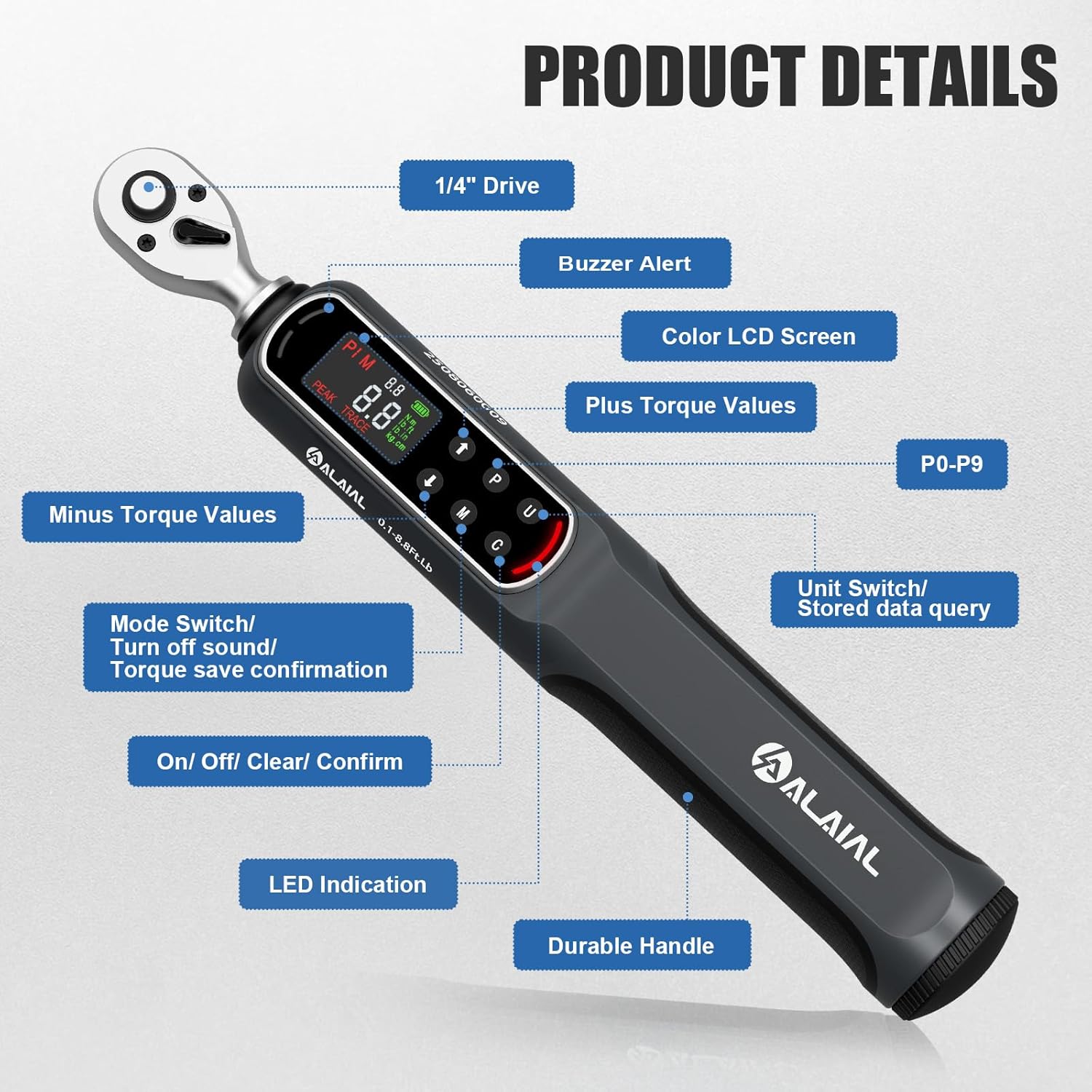 Diagram of ALAIAL Digital Torque Wrench components and buttons