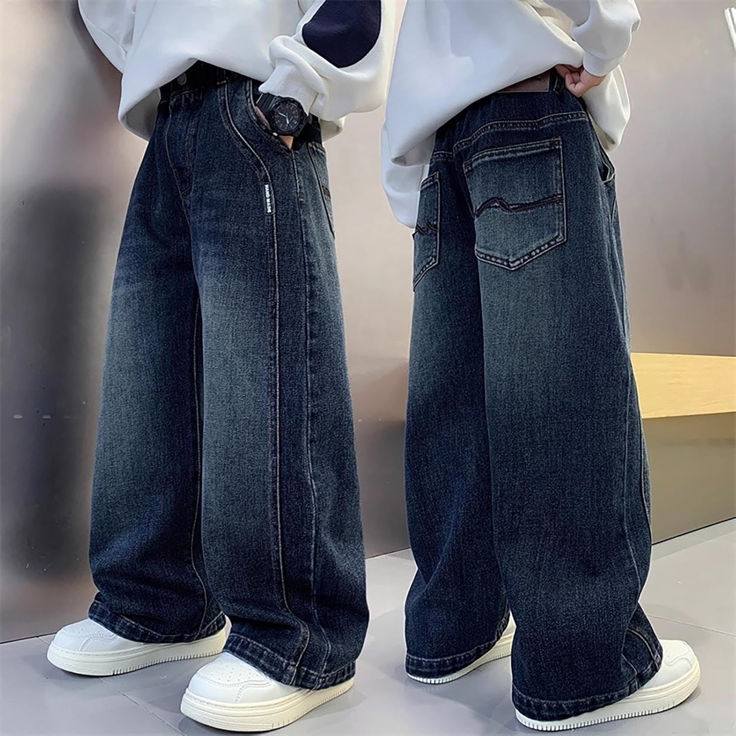 Baggy Jeans Boys Y2K Straight Wide Leg Denim Pants Kids Casual Elastic Waist Loose Trousers Pockets Streetwear Vintage Jeans
