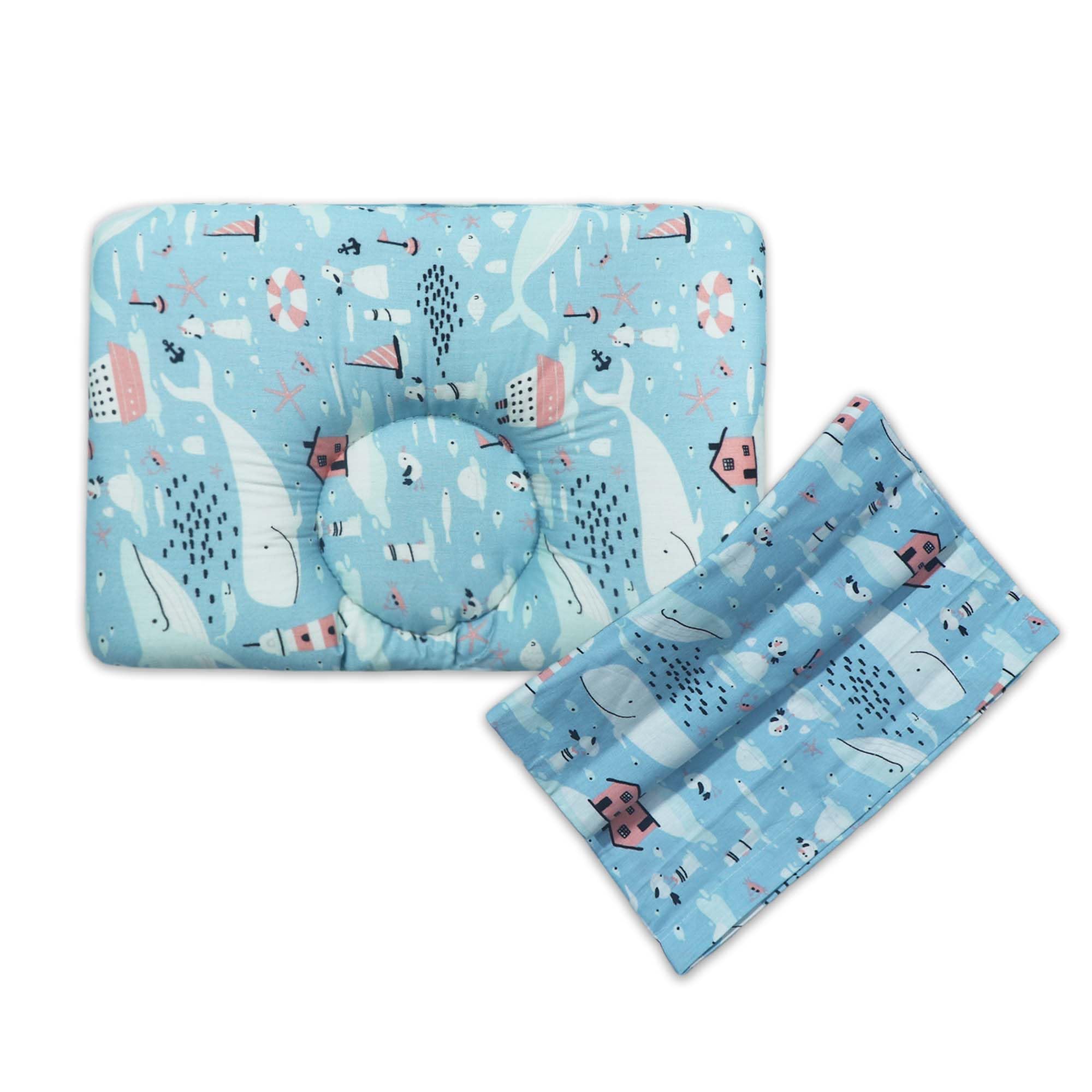 Kradyl Kroft Baby Head Shaping Pillow with 100% Cotton Removable Cover | Applr Biogen Foam Construct | New Born Pillow for Flat Head Prevention (Happy Dolphins)