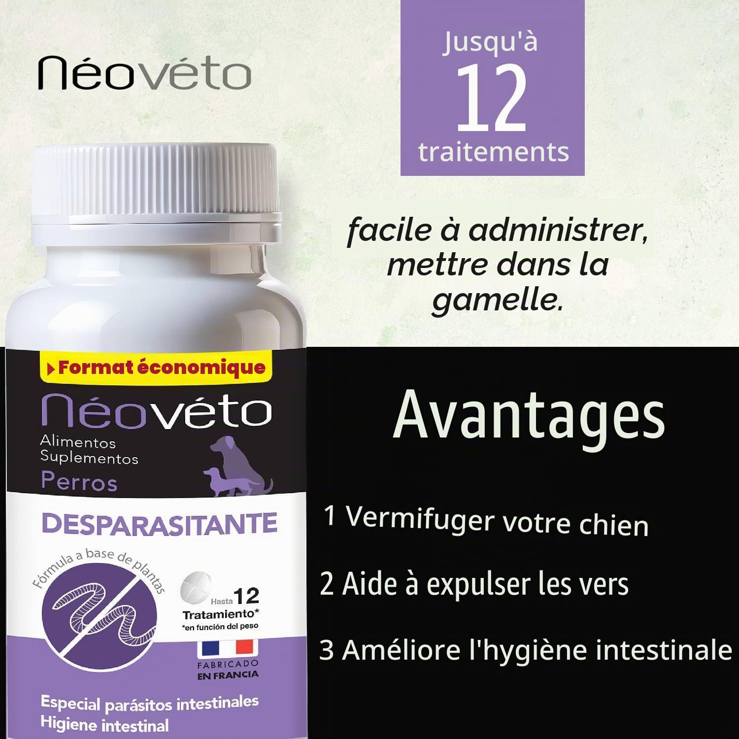NEOVETO - Vermipurge - Vermifuge pour Chien en comprimés naturels - Actifs agréés par Les Services Vétérinaires Français - Fabriqué en France - Facile à administrer - 30 comprimés (Version espagnole)