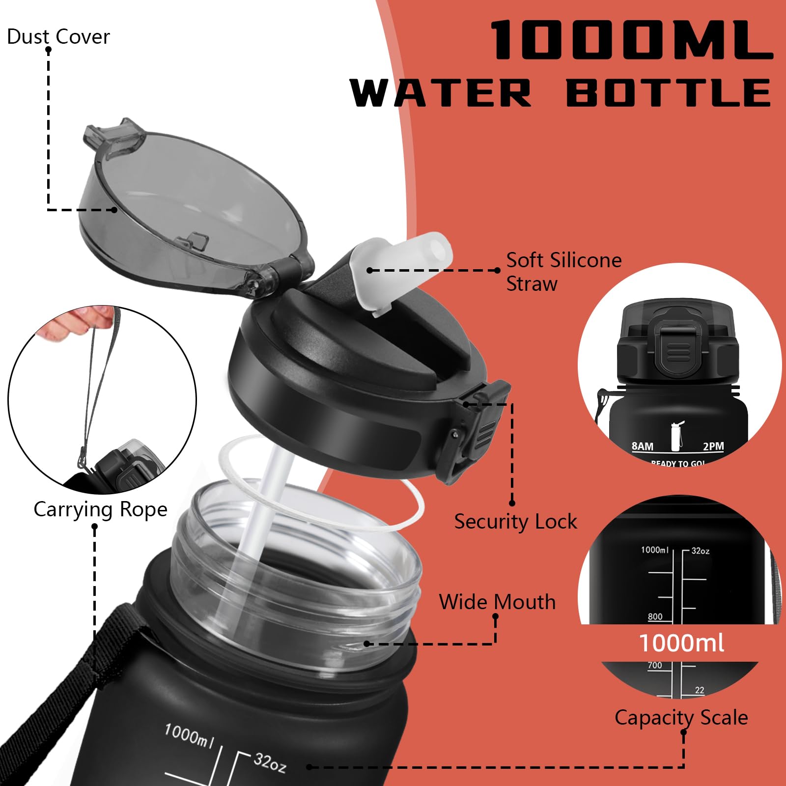 Mujigaga Borraccia 1 litro, Borraccia con Cannuccia, Senza Perdite, Borraccie Motivazionale, Facile da Pulire, Con Slogan Motivazionale, Borracce per Fitness, Nuotare, Viaggio, Escursionismo