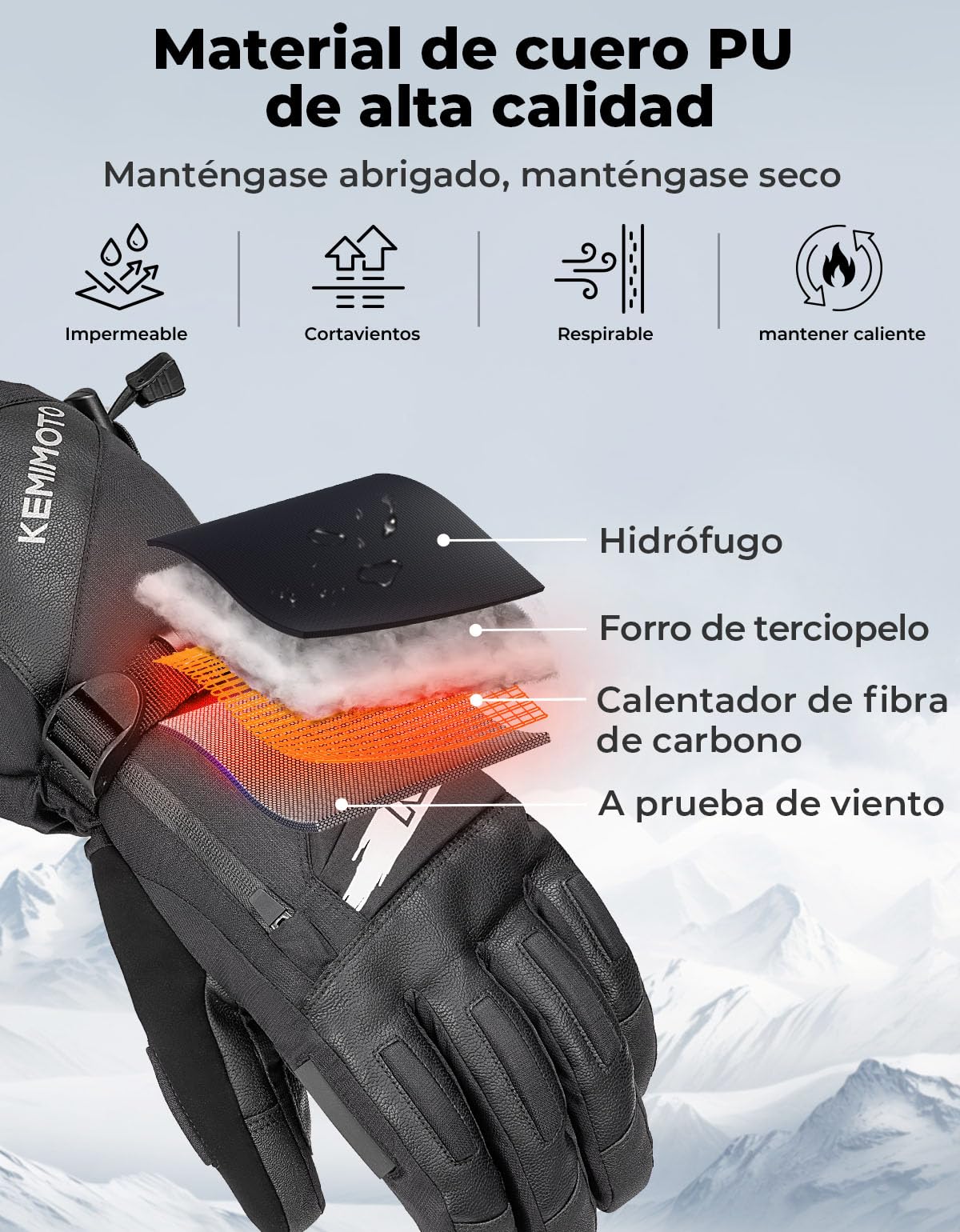 KEMIMOTO Guantes Moto Calefactables, Retención de Calor Desde -20℃ a -5℃, con Protección de Almohadilla EVA, 3 Niveles de Calefacción y 2500mAH, Esquí, Patinaje Actividades de Invierno