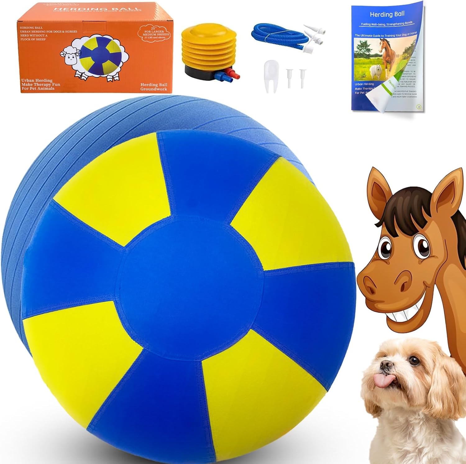 25-Inch Herding Ball for Dogs, Cattle, Horse, Australian Shepherd, Large Blue and Yellow Herding Ball Kit with Waterproof, Durable Cover, Free Training Guide Book, Easy to Clean – US Brand