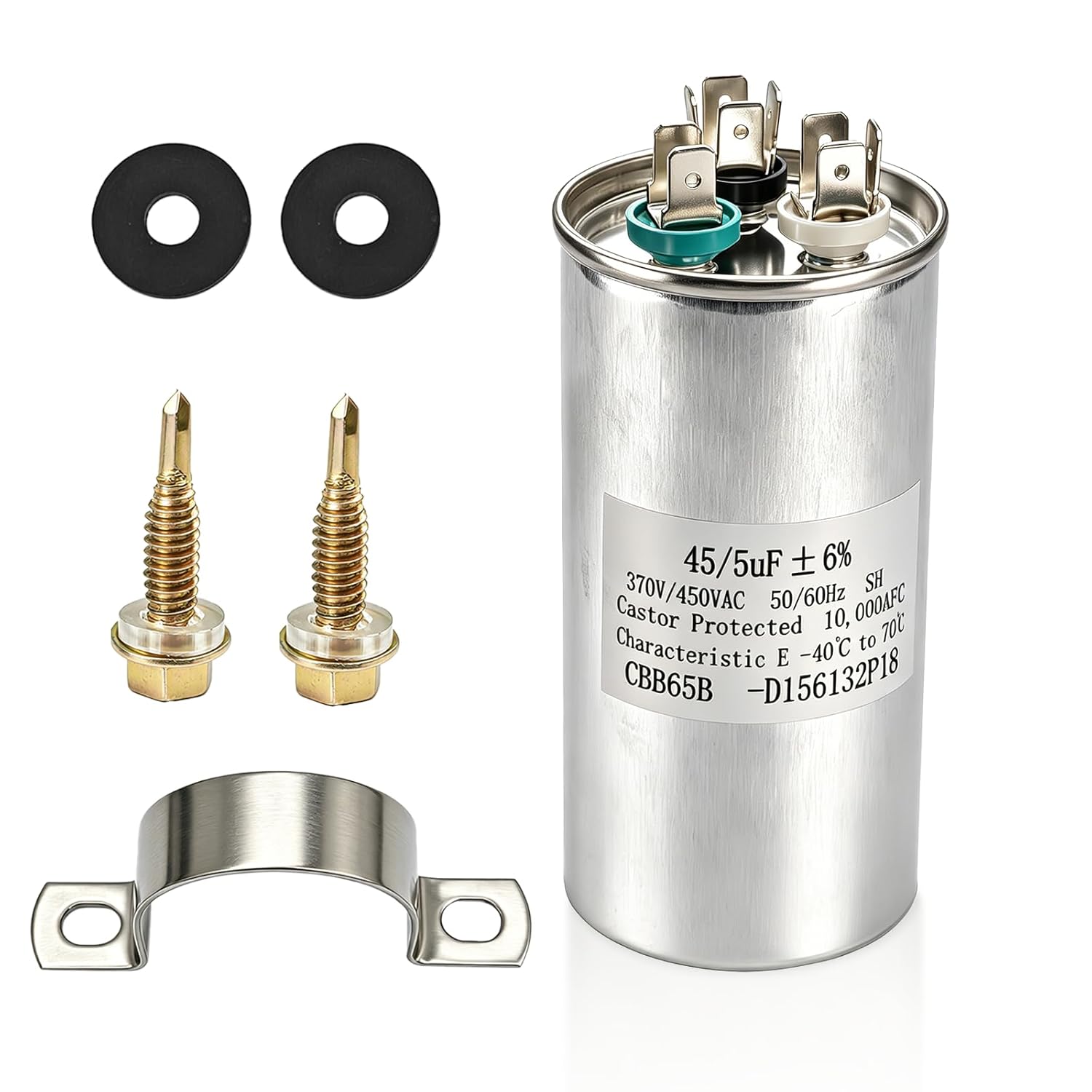 D156132P18 Capacitor 45 5uF 45/5MFD ±6% 370V/450VAC CBB65 Dual-Run Round Starting Capacitor, Suitable for AC Motor Operation, Fan Starting, or Direct use with condensers, 1 Pack.