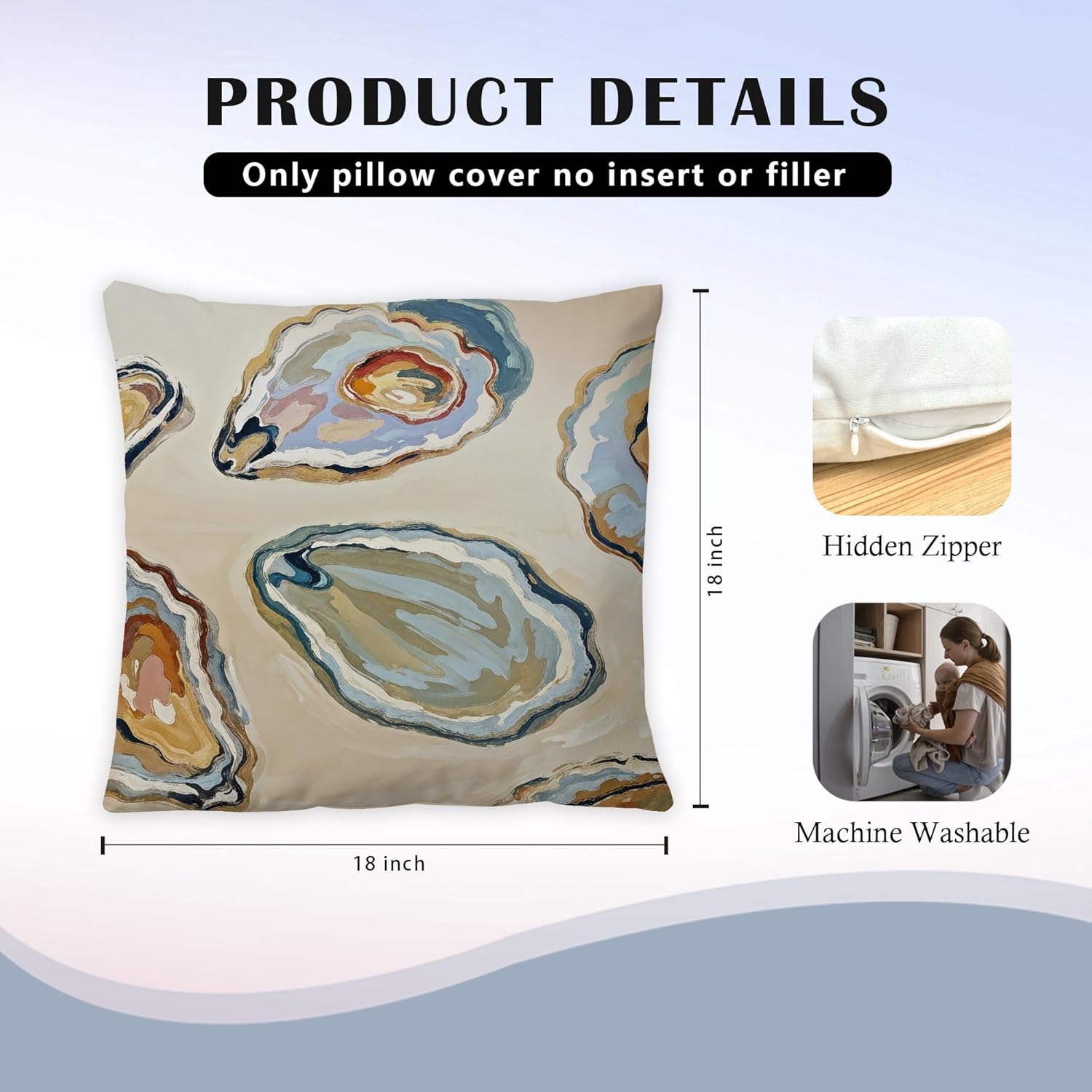 Abstract Oyster Coastal Beach Pillow Covers 18x18 Set of 2, Beachy Room Decor Aesthetic, Retro Coastal Ocean Oyster Shell Decorative Lumbar Pillow Covers for Home Bedroom Living Room - Image 5