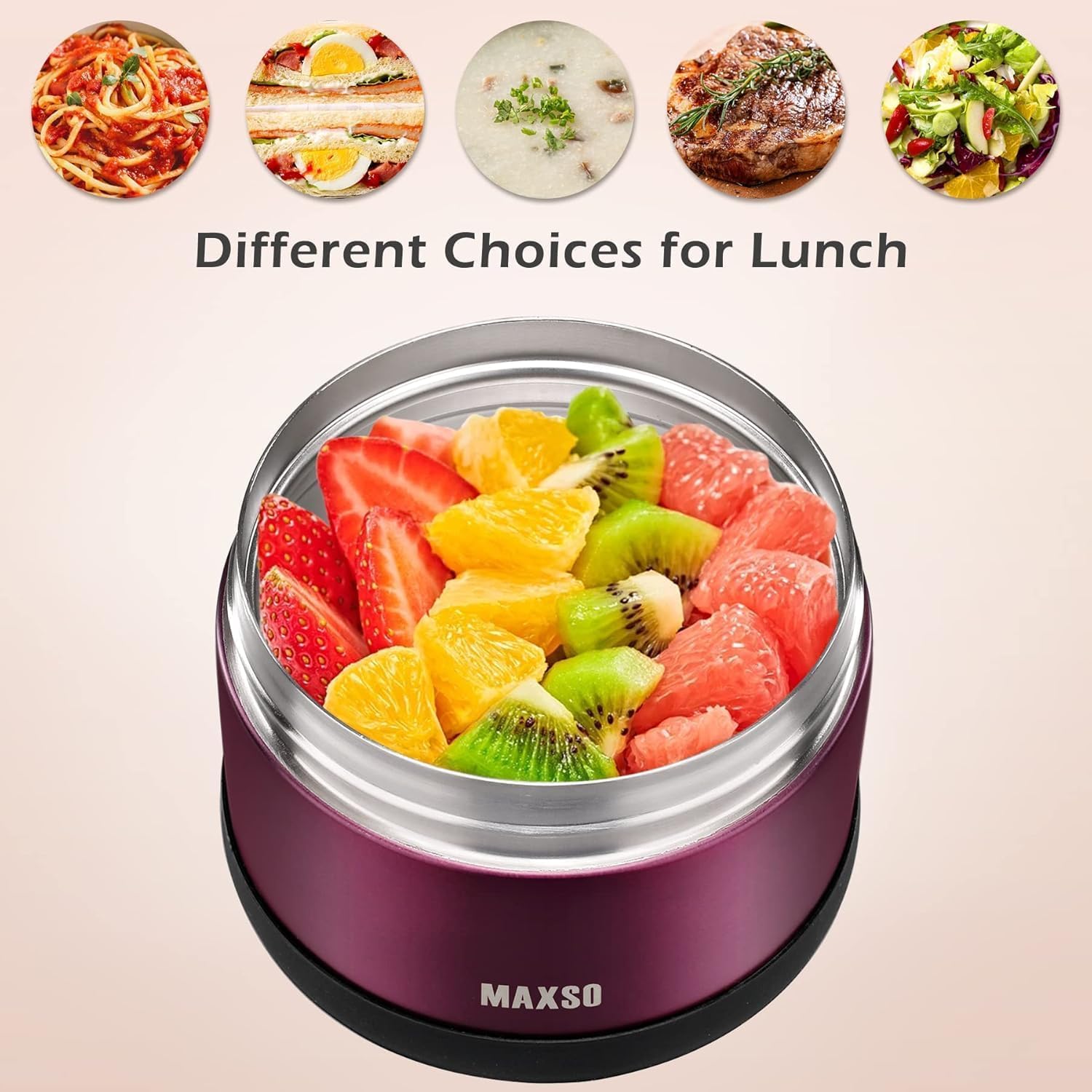 MAXSO Food Jar for Hot Food - 24 OZ Soup Thermo for Adults Vacuum Insulated Lunch Containers with Foldable Spoon & Thermal Bag, Wide Mouth Leakproof Bento Box - Burgundy