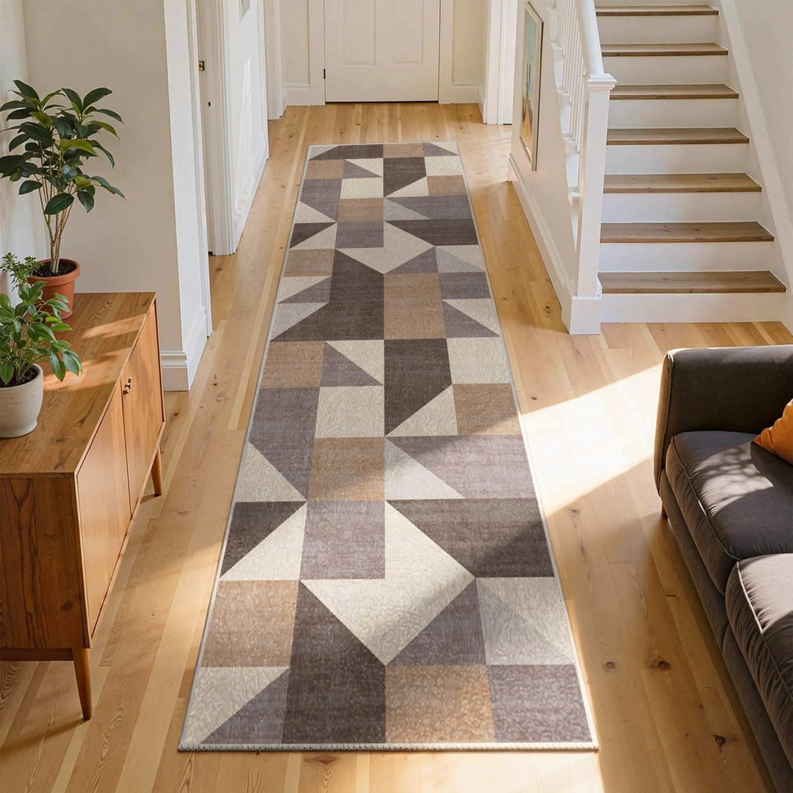 WAOTMN Geometric Rugs Runner for Hallway Non Slip 80x300cm Modern Dense Short Pile Washable Kitchen Carpet Runner, Geometry Pattern Contour Cut Destin Multi Long Hall Rug for Doorway