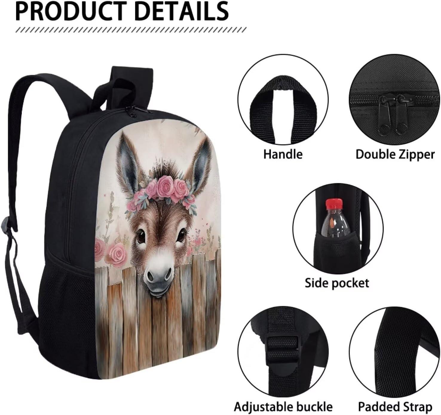 Donkey Backpack for Kids Fancy Middle School Backpack Smooth Casual School Backpack for Teens Boys Rose Youth Bag for Outdoor Activity