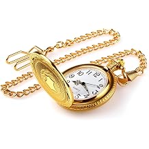 Vintage Pocket Watch with Roman Openwork Dial and Double Chain, Stainless Steel, Quartz Movement, 24 Hour Indication, for Men and Women, Costume Accessory, Gold