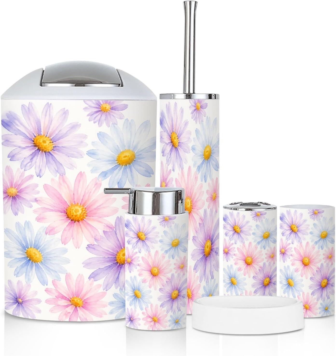 Bathroom Accessory Set 6PCS Daisy Heart Center Seamless Watercolor Trash Can, Soap Dispenser, Toothbrush Holder, Toothbrush Cup, Toilet Brush Holder, Soap Dish for Gift