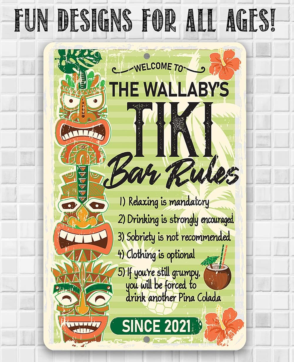 Personalized Tiki Bar Rules - Tropical Tiki Decoration Outdoor Patio, Custom Pool Accessories and Bar Decor, Above Ground Pool Side Display, 8x12 or 12x18 Indoor or Outdoor Rustic Style Metal Tin Sign