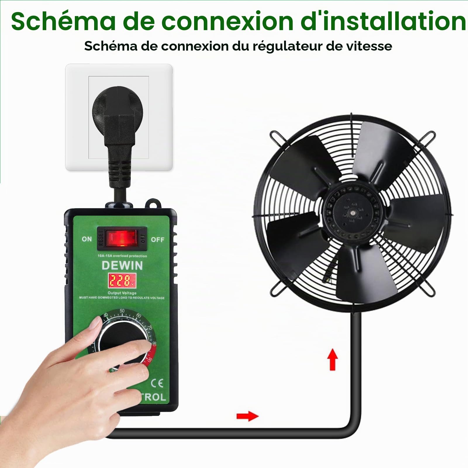 DeWin Variateur de Vitesse, Régulateur de Vitesse Commande de Ventilateur de Moteur 220V Régulateur de Vitesse en Continu Régulateur de Tension 15A Protection Contre Les Surcharges