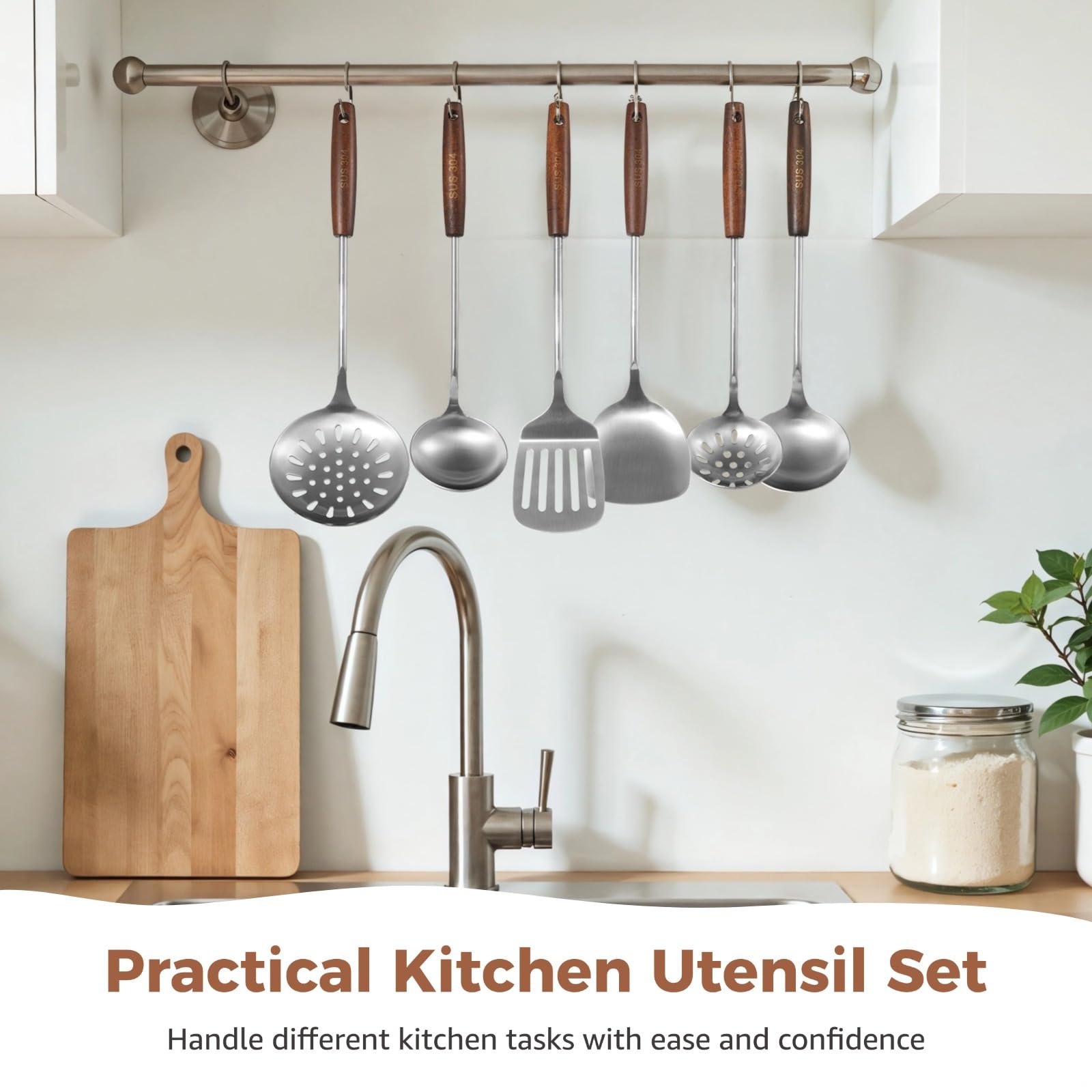6 Stück Kochutensilien aus Edelstahl mit Holzgriffen, hitzebeständig und ergonomisch für Küchenaufgaben