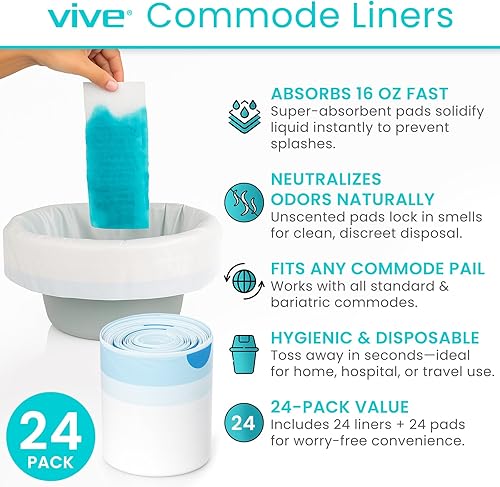 Miniatura 2 de Vive Bolsas de repuesto para silla de noche de inodoro portátil con almohadillas absorbentes, desechables, para brazo estándar bariátrico, cubos