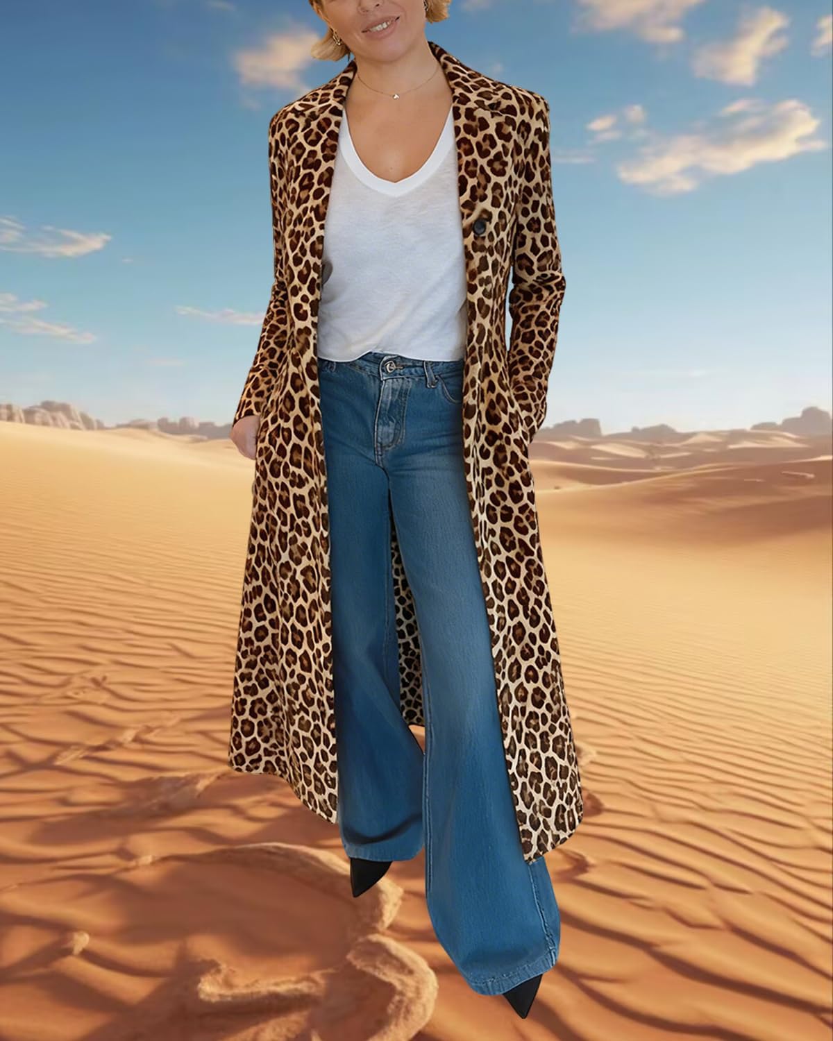 Leopard Blazer Length Dusters Jackets for Women,Button Down Leopard Print Coat Vintage Lapel Long Cardigan with Pocket