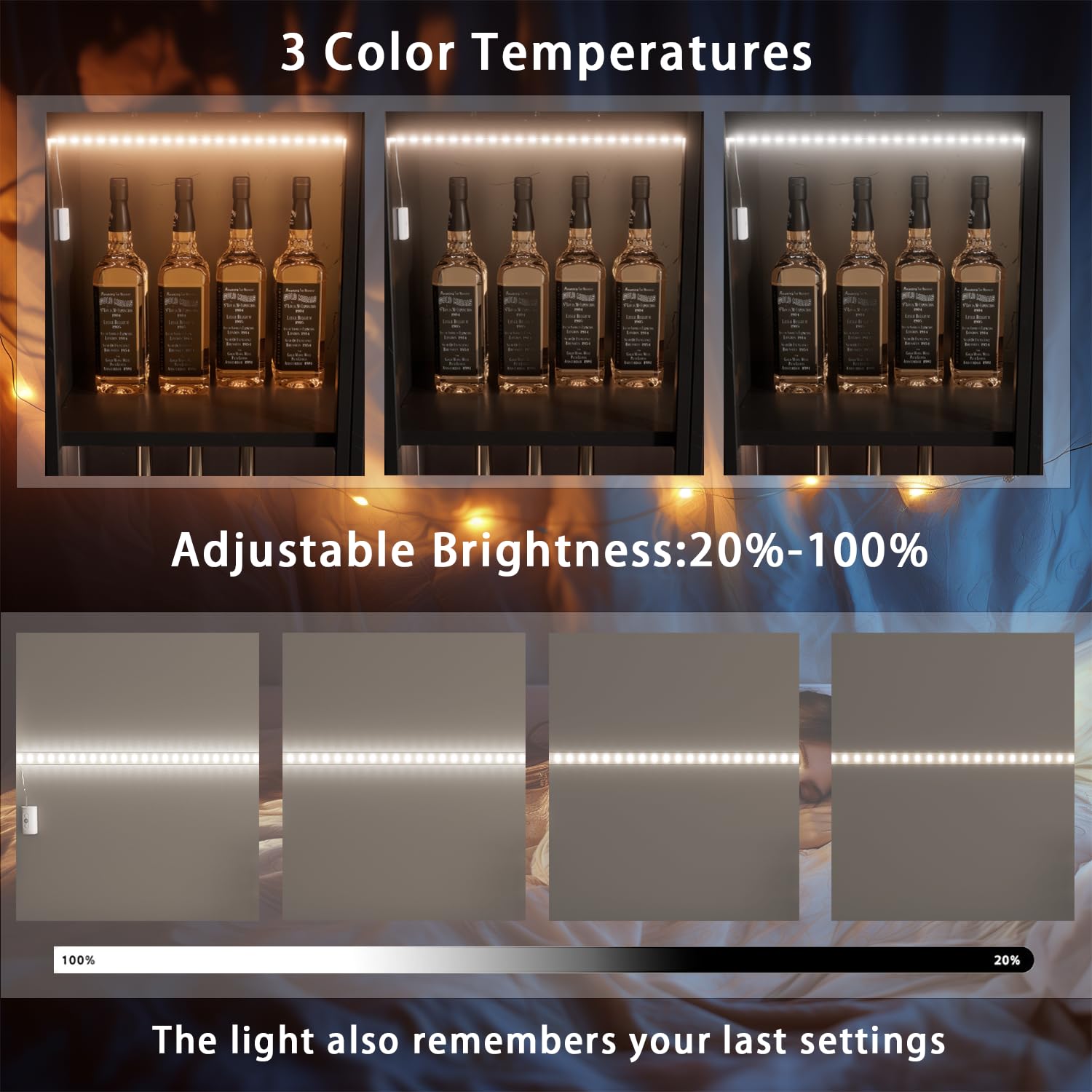 Hapfish Motion Sensor LED Light Strip Indoor, 2PCS Battery Powered Under Cabinet Lighting Wireless, 3 Color Temperatures, 6.6FT Rechargeable LED Counter Closet Strip Lights for Kitchen, Stair, Shelf