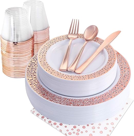 Nervure 175PCS Rose Gold Plastic Plates Rose Gold