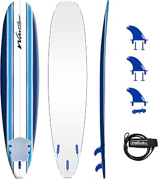 Wave Storm - Classic Soft Top Foam 9ft Surfboard for Beginners and All Surfing Levels Complete Set Includes Leash and Multiple Fins Heat Laminated, Blue Pinline