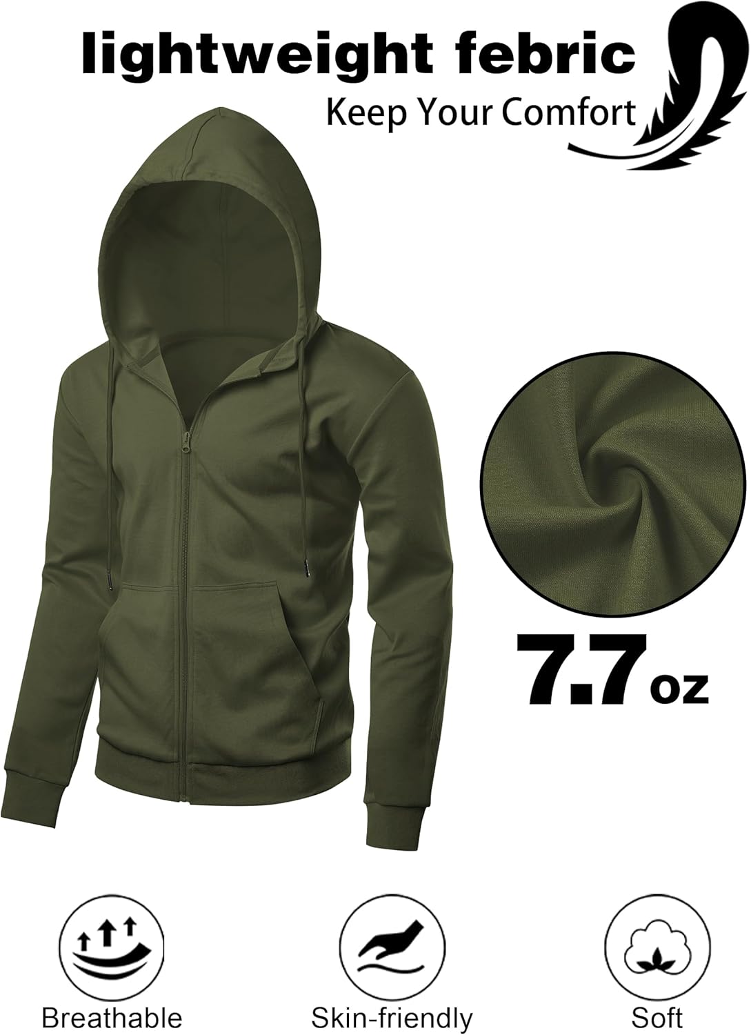 Men's Lightweight Zip Up Hoodie Long Sleeve Sweatshirt Athletic Slim Fit Basic Jacket with Pockets(Regular & Tall)(Olive Green 2XL Tall) - Image 3