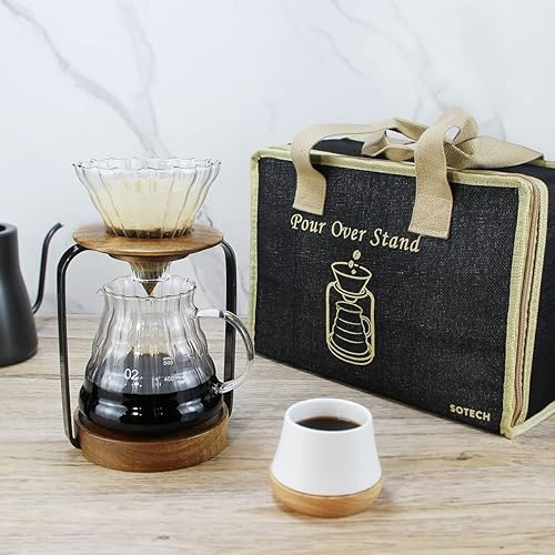 Miniatura 6 de SOTECH Pour Over Coffee Station - Soporte para gotero, filtro de café, soporte para filtro de madera, servidor de vidrio con filtros de café de