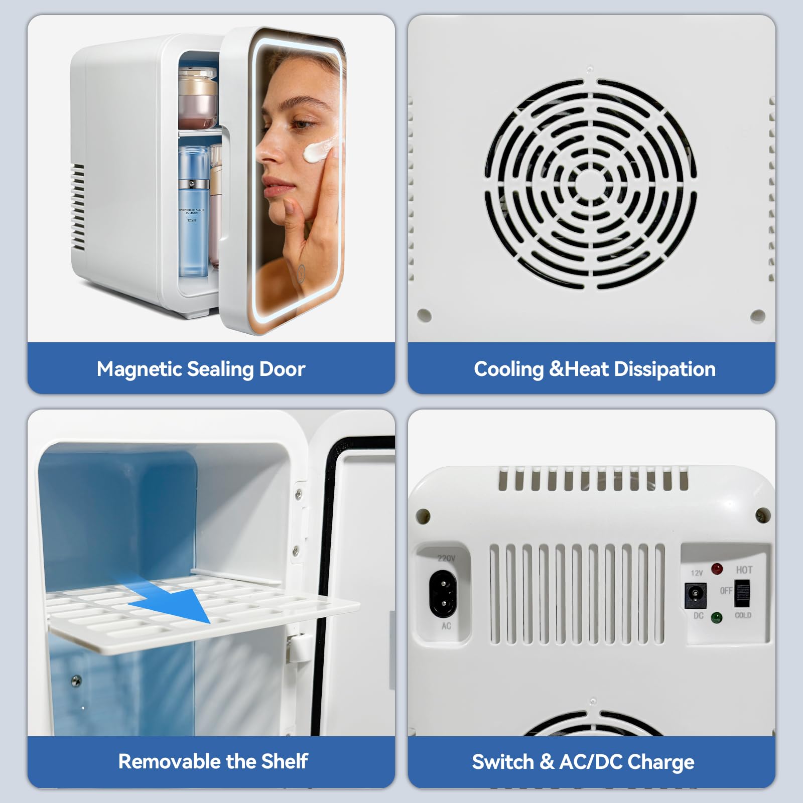 Kwanner 4L Portable Skincare Fridge with Dimmable LED Light Mirror - Cooler & Warmer Mini Fridge for Bedroom Office, Compact Cosmetic Fridge for Makeup, Food, Drinks (White) — view 7