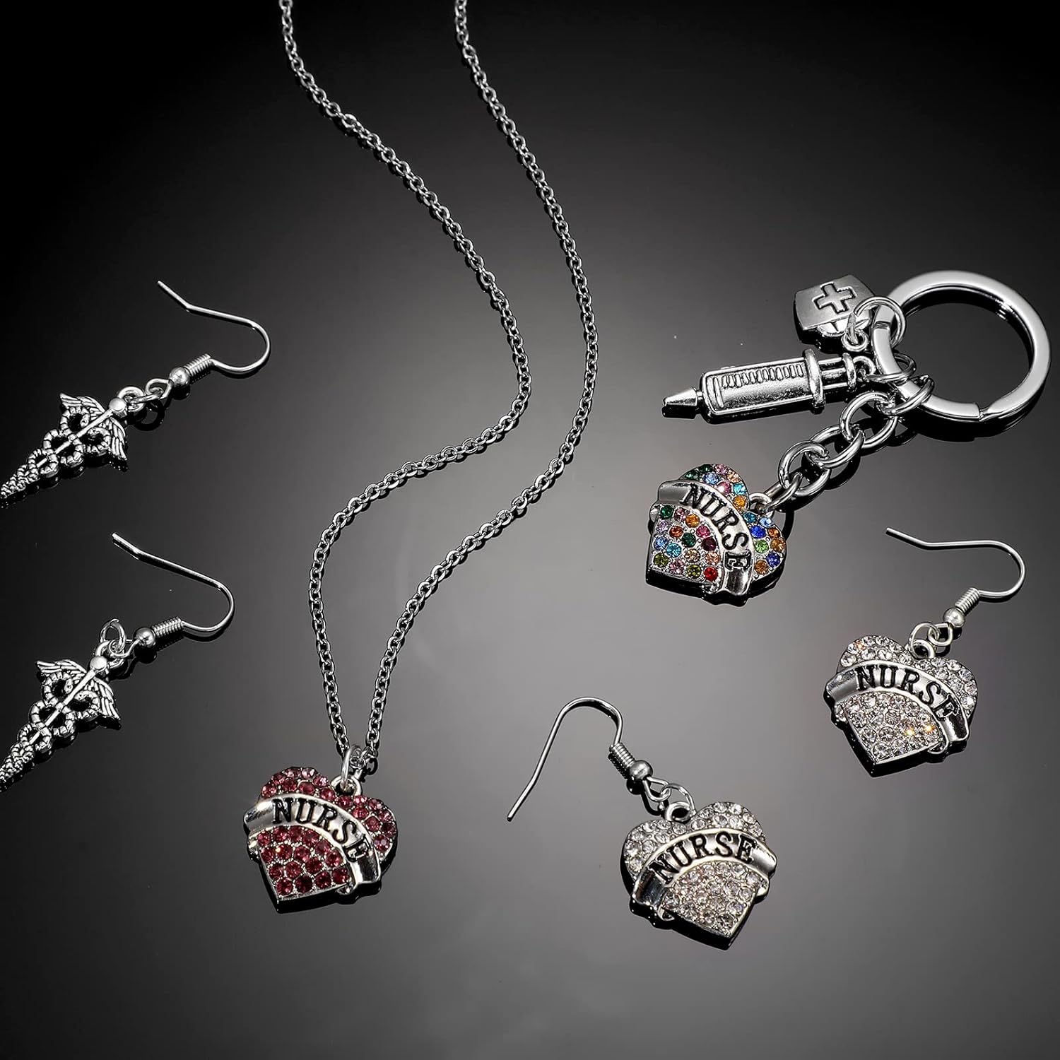 Batiyeer 84 Pcs Crystal Heart Nurse Keychain Charms Medical Stethoscope Syringe Cap Hat Charms for Birthday Nurse Week Gifts DIY Keyrings Necklace Jewelry Making - Image 7
