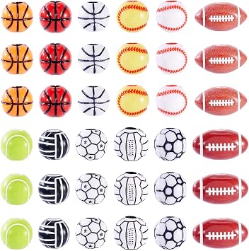 FASHEWELRY 120Pcs Acrylic Sports Ball Beads 12mm Baseball Soccer Basketball Volleyball Tennis Cute Beads for DIY Bracelet Necklace Making