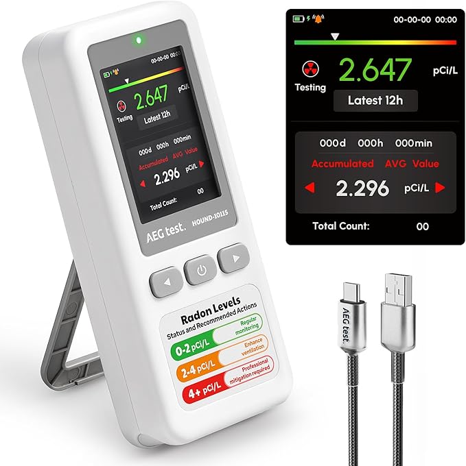 AEGTEST HOUND-1011S Portable Radon Detector package contents including device, cable, lanyard, and stand.