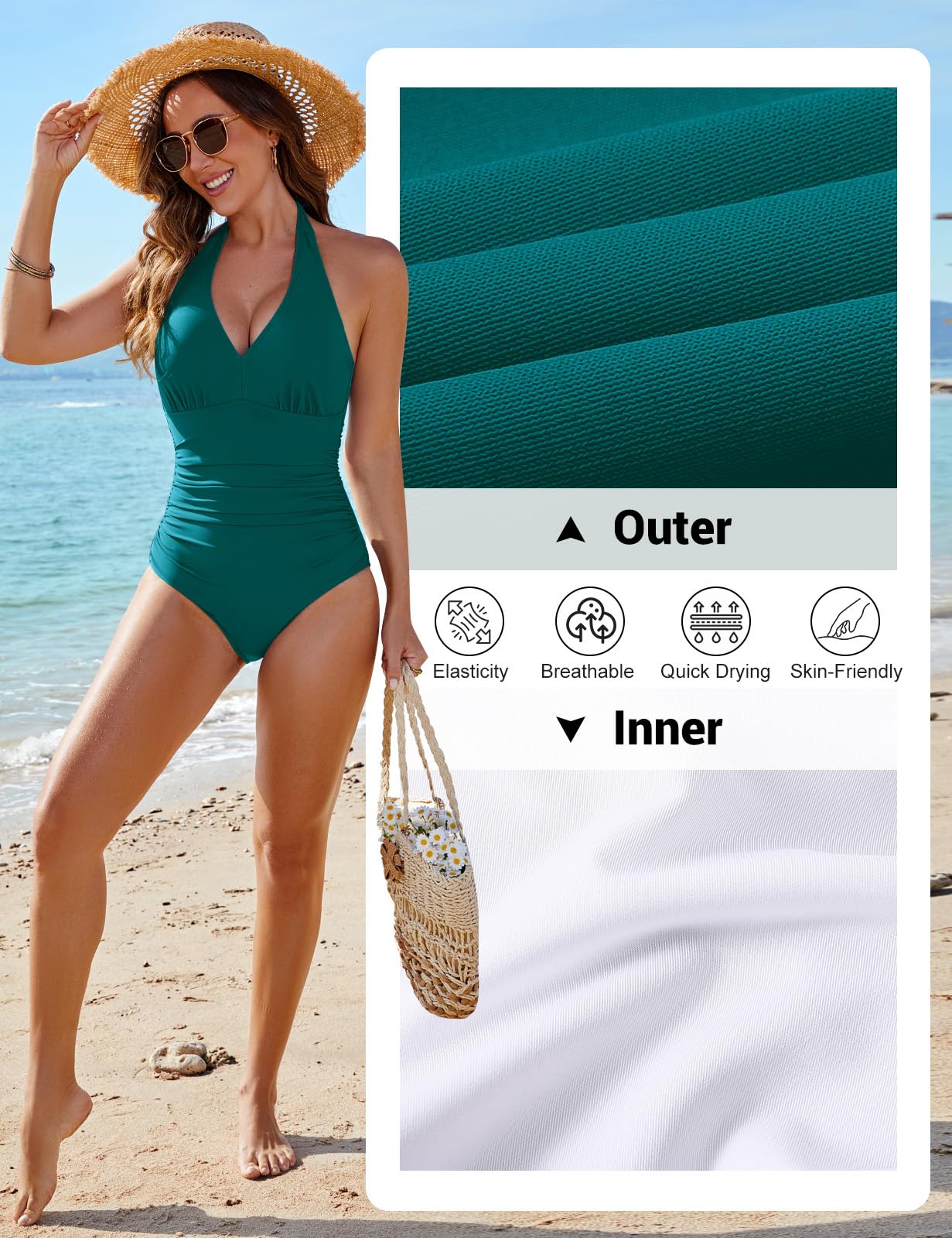 CMTOP Costume Intero Donna Contenitivo Scollo a V Costume da Bagno Push Up Imbottito Reggiseno Costumi Interi Curvy, Controllo della Pancia Vita Alta Costumi Mare Elegante Swimsuit