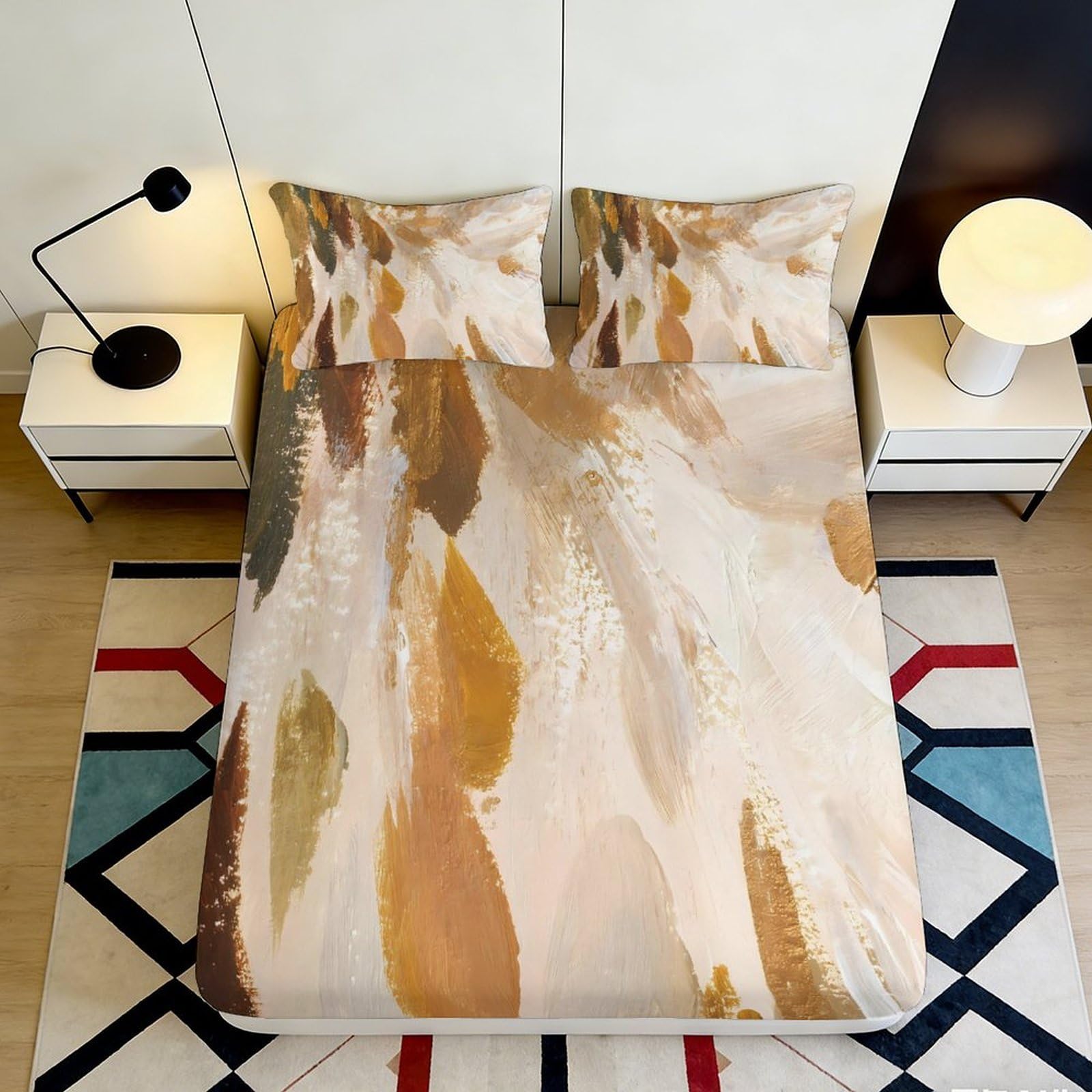 3D Printed Abstract Brushstroke Fitted Sheet Microfiber Soft Gold Brown Artistic Mattress Cover Bedroom Decor 90x200x25cm