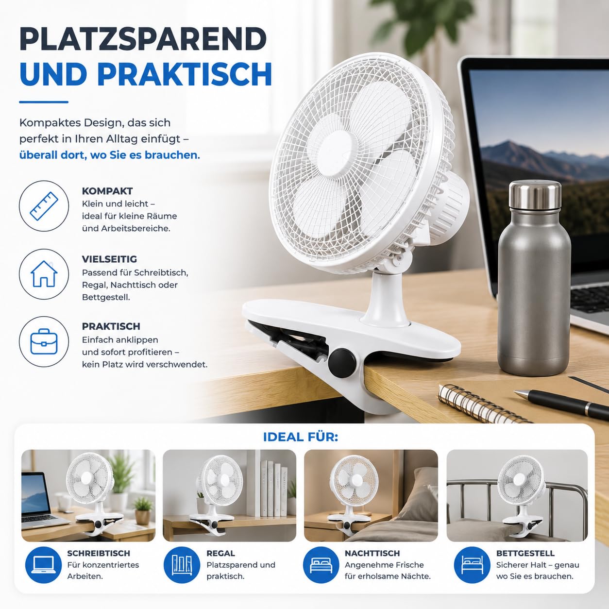 Leiser Tischventilator mit Clip & Ständer 20 cm 90° Schwenkfunktion 3 Leistungsstufen