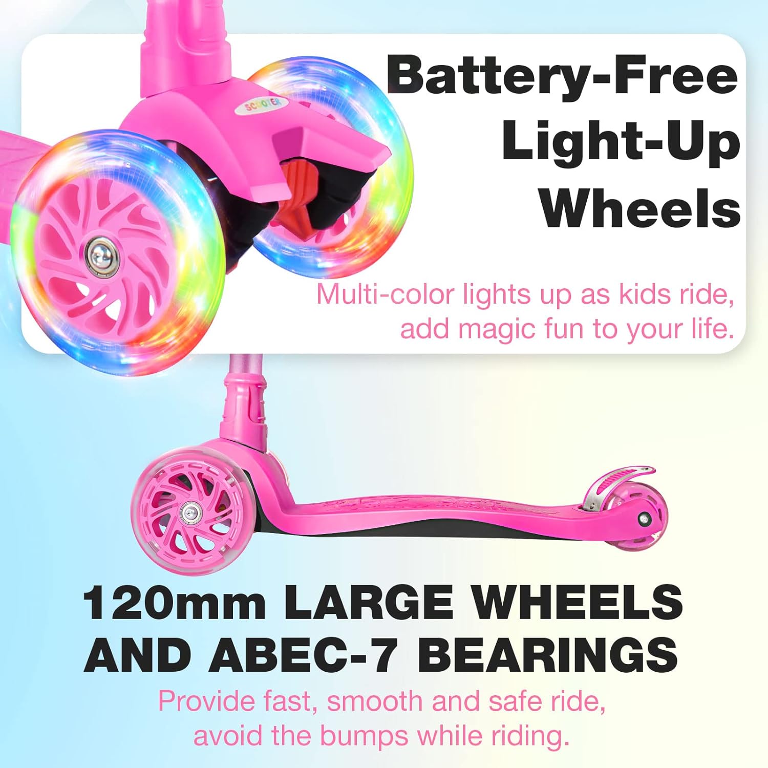 beleev scooters for kids 3 wheel kick scooter for toddlers girls boys, 4 adjustable height, lean to steer, light up wheels, extra-wide deck, easy to assemble for children ages 3-12 matte pink