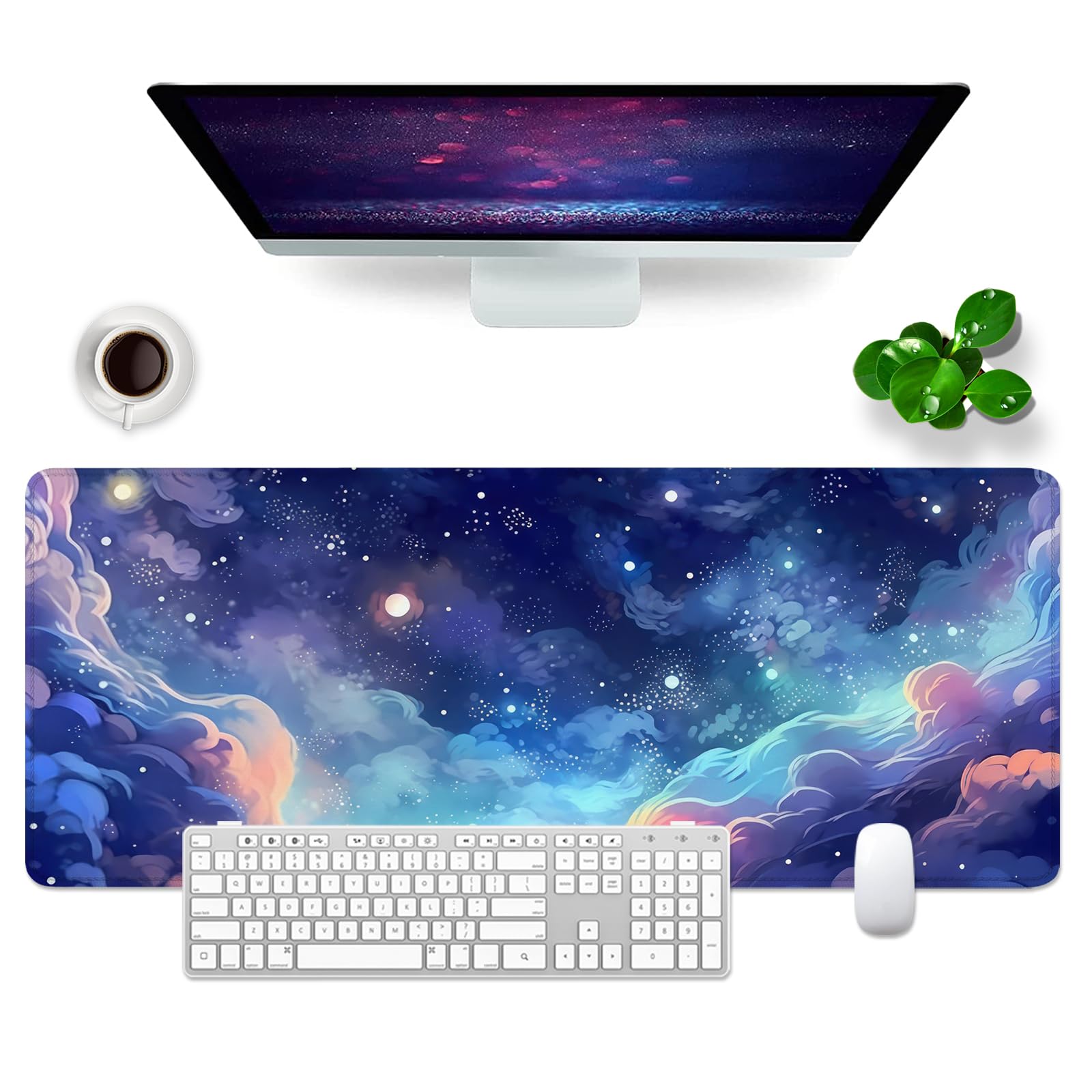 Schreibtischunterlage xl Mauspad Anime 80x30 cm Groß Gaming Mousepad PC Professionelle Gamer Mauspad Schreibtisch Zubehör Bürodekoration (Sterne und Wolken)