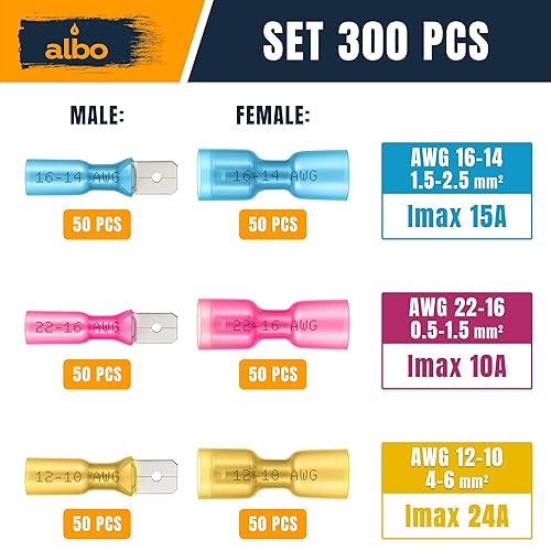 Miniatura 2 de Kit de 300 conectores de pala termorretráctiles macho y hembra  Terminales eléctricos impermeables AWG 22-10, conectores de terminales de cable
