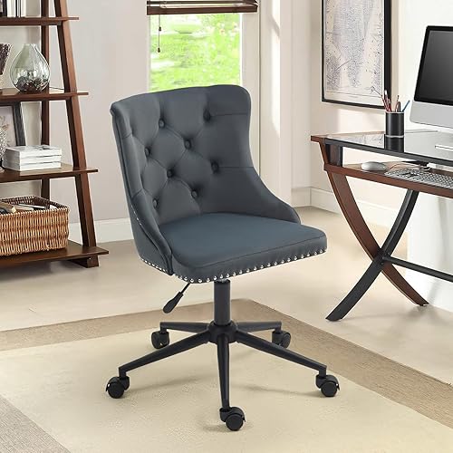 Miniatura 2 de Silla de escritorio tapizada moderna de terciopelo para oficina en casa con base negra de altura ajustable y silla giratoria de uñas con respaldo