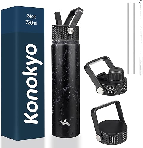 Miniatura 33 de Botella de agua aislada de 24 onzas, botellas deportivas de acero inoxidable con 3 tapas, menta Menta,Verde militar,Bamboo Grove,Azul/claro,verde