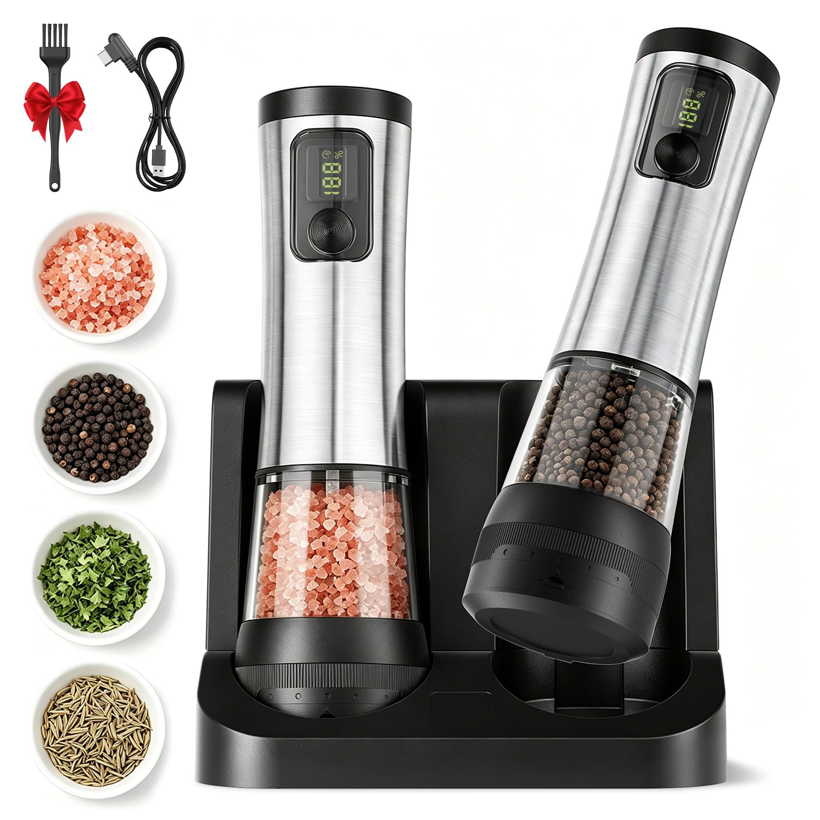 Set di 2 macinapepe elettrico – ricarica rapida USB-C con batteria da 800 mAh e stazione di ricarica, 5 livelli di ruvidità regolabile, illuminazione a LED e funzionamento con una sola mano
