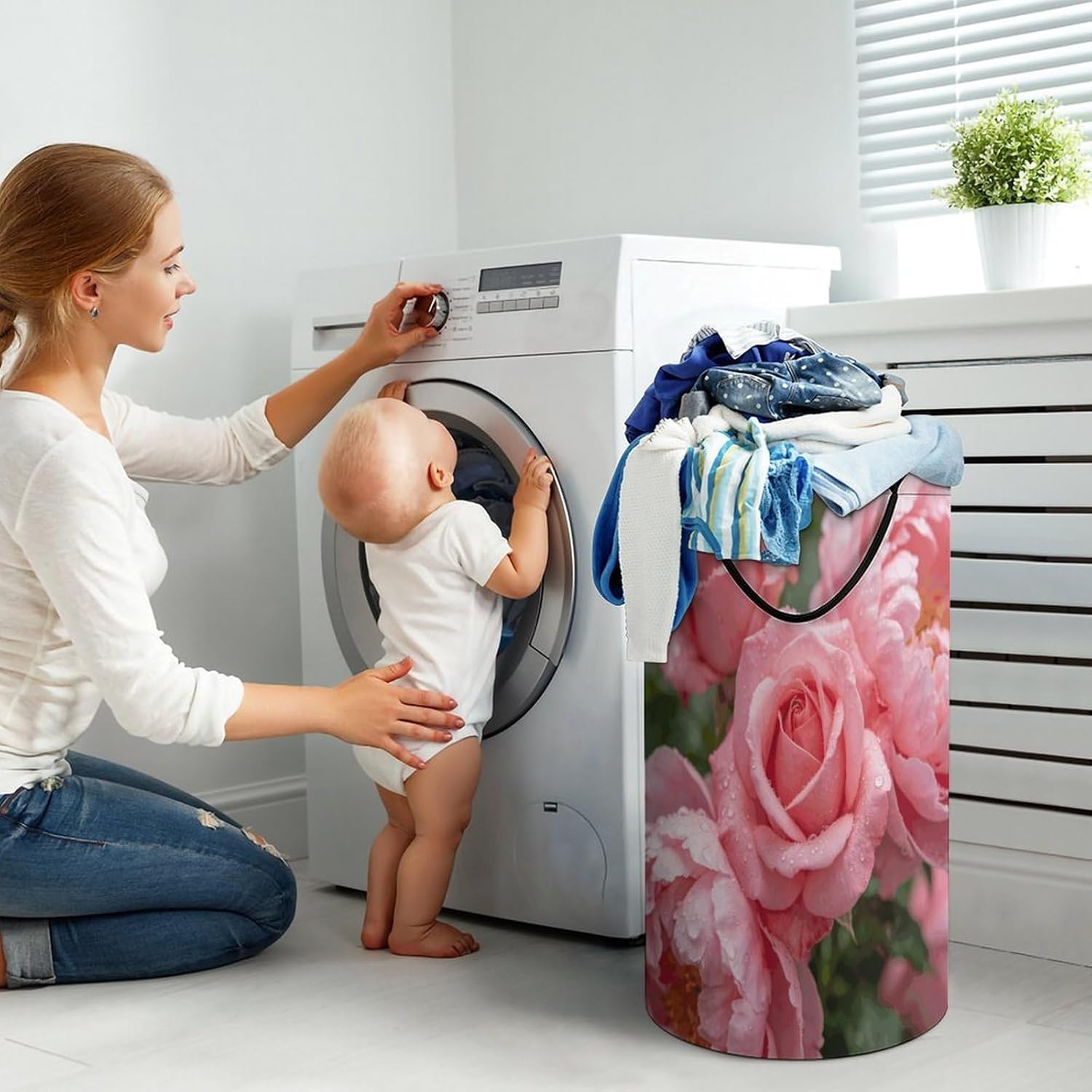 Flowers Pink Laundry Hamper 86L Waterproof Collapsible Clothes Basket with Double Handles Freestanding Foldable Laundry Basket Large Clothes Hamper for Bathroom