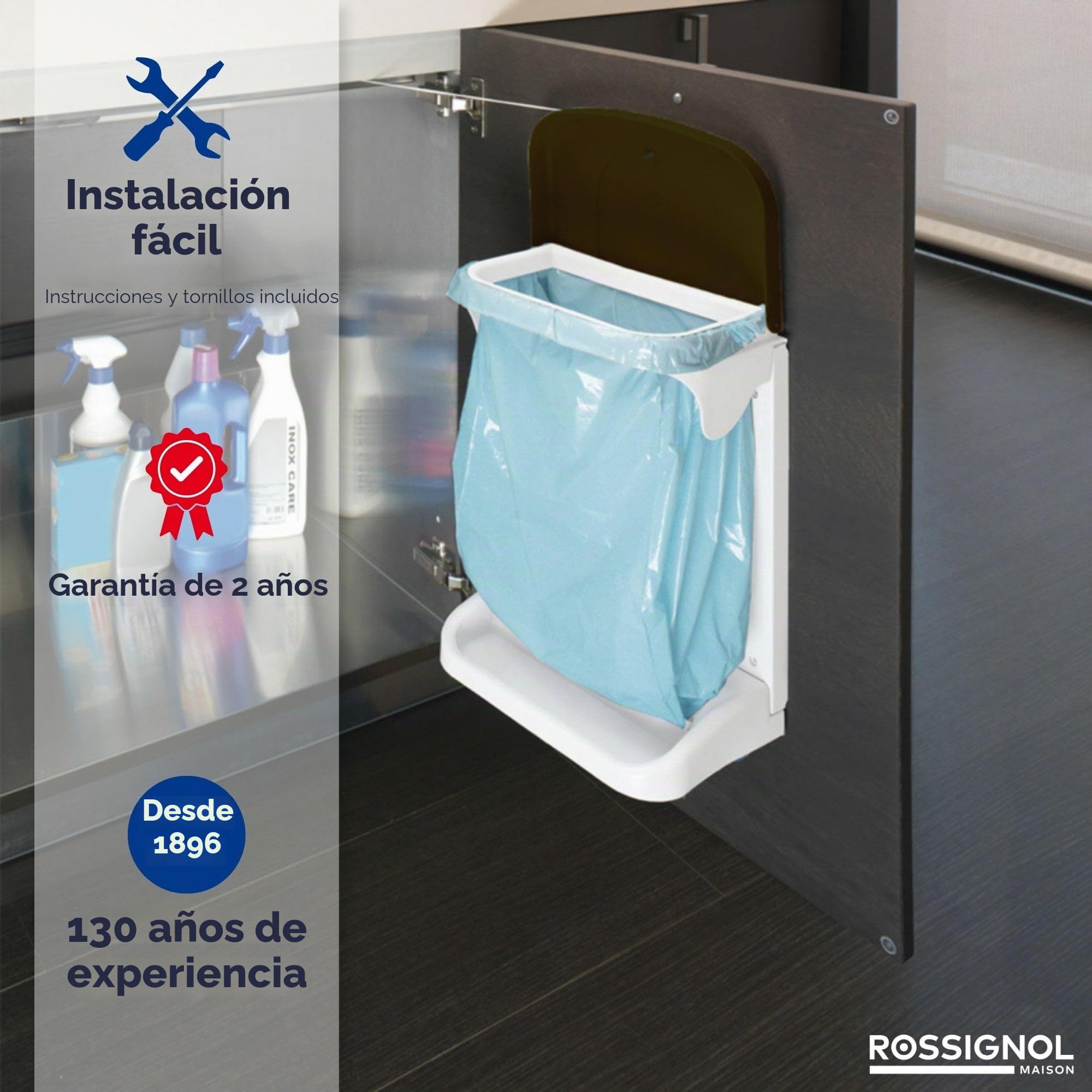 ROSSIGNOL - Papelera interior para mueble de cocina (20 L, con desenrollador de bolsa, apertura automática con la puerta del armario, instalación fácil INO