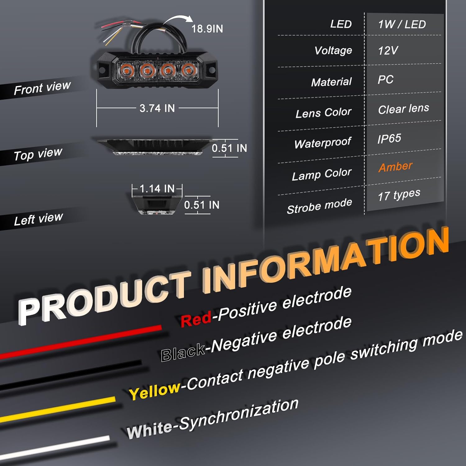 2PCS LED Surface Mount Strobe Lights, Sync Feature 4-LED Amber Emergency Flashing Strobe Lights for Trucks Vehicles Cars LED Mini Grill Grille Beacon Flashing Marker Safety Warning Lights