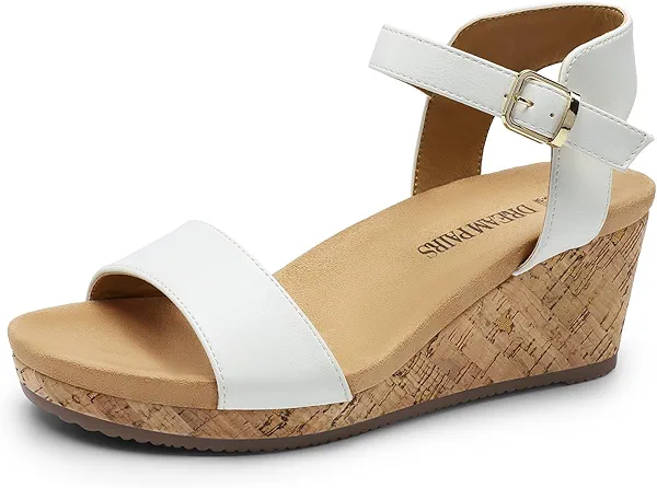 DREAM PAIRS Women's Open Toe Buckle Ankle Strap Platform Wedge Sandals Women 2025,Size 6,White/Pu,NINI-8