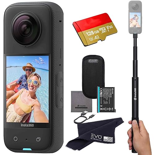insta360 X3- Waterproof 360 Action Camera with 1/2'' 48MP Sensors, 5.7K HDR Video, 72MP Photo, 4K Single-Lens, 60fps Me Mode, 2.29'' Touchscreen, AI Editing |Bundle Includes Selfie Stick&128GB, Black