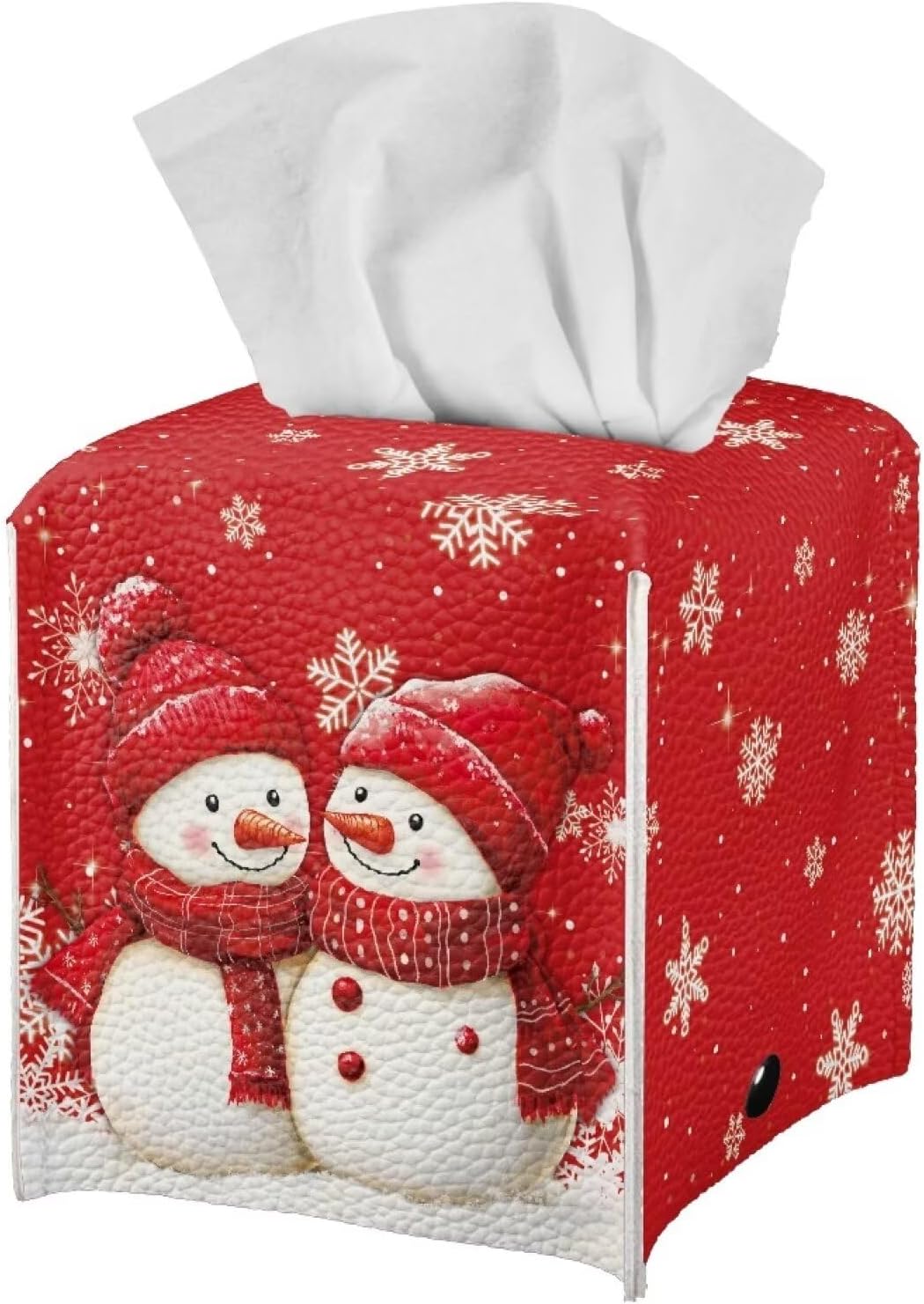 Cute Red Hat Scarf 2 Snowman Square Tissue Box Cover for Bathroom with Bottom Belt, Cube Napkin Facial Paper Organizer Leather Home Decorative Organizer Cute, Easy to Use image 2