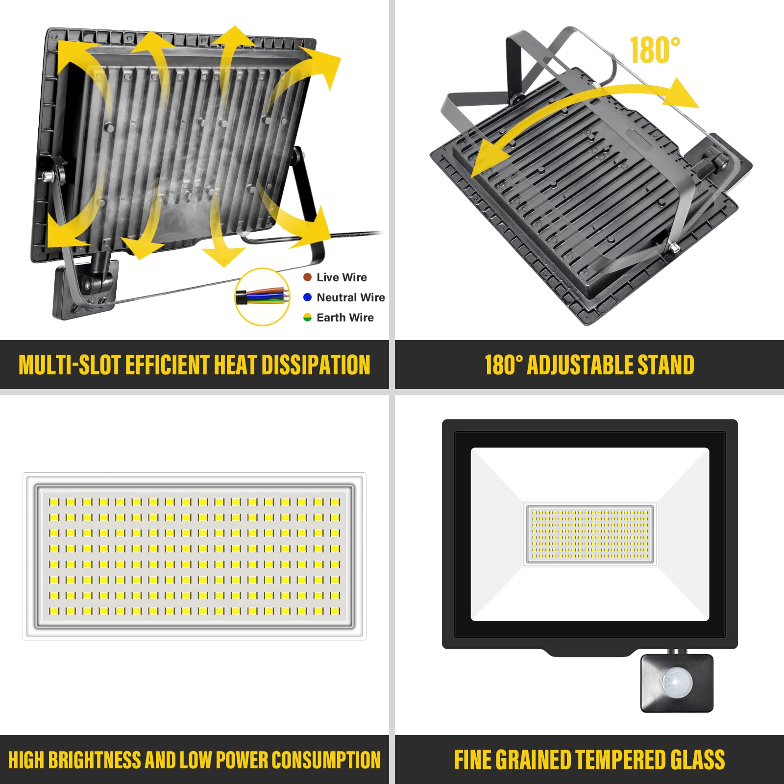 RIGIDON Faretto LED da Esterno con Sensore di Movimento, 100W 10000 LM Proiettore Faro Led Esterno 6000K Bianca Fredda Luci di Sicurezza Impermeabile per Giardino Garage Patio Terrazza Cortile