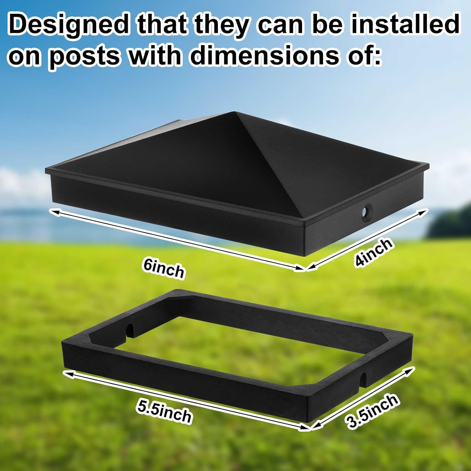 Dunzy 4 x 6 Heavy Duty Aluminum Pyramid Post Caps Fit 4 x 6 & 3.5" x 5.5" Nominal Wood Posts Black Matte Powder Coated Finish for Fence Deck Corridor Includes Stainless Steel Screws(4 Pack)