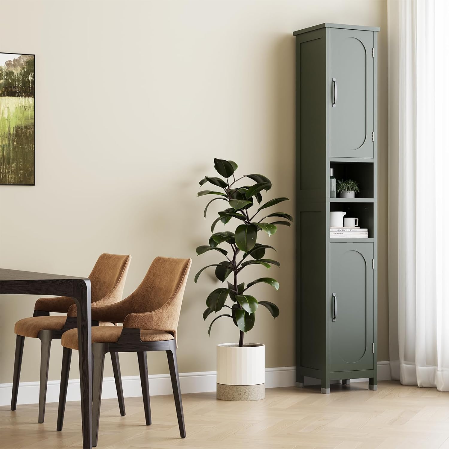 67" Tall Bathroom Storage Cabinet with Lights, Slim Narrow Bathroom Cabinet Organizer with Doors and Adjustable Shelves, Tall Cabinet for Small Space (66.9" Tall-Green with Light)