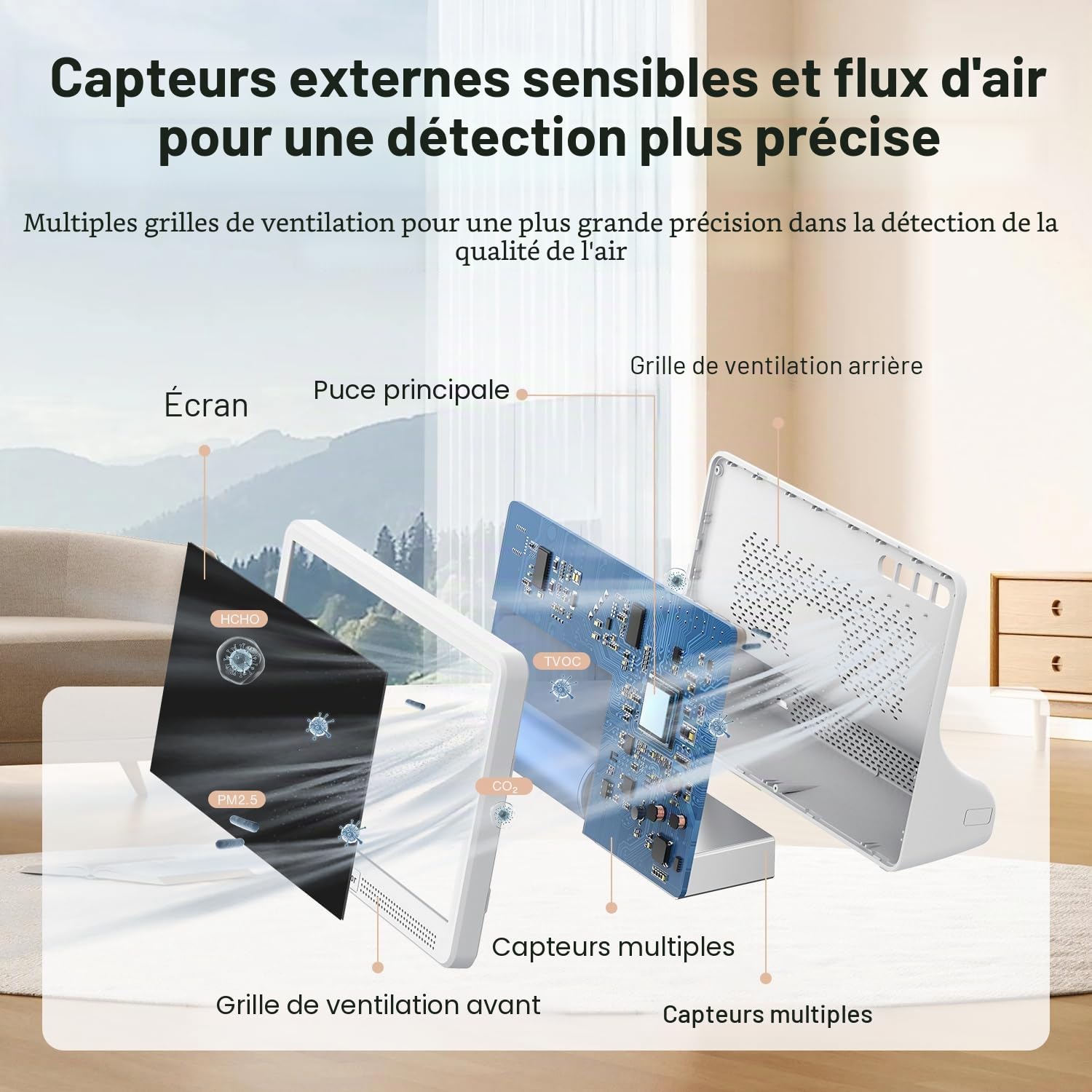 bonoch 16 en 1 Appareil de Mesure de la Qualité de l'Air Écran 7" – 9 Paramètres AQI + 7 Alertes – Détecteur de COV, CO2, PM2.5 PM1.0 PM10, HCHO (Air Quality Monitor) Température, Humidité, AQI, Heure