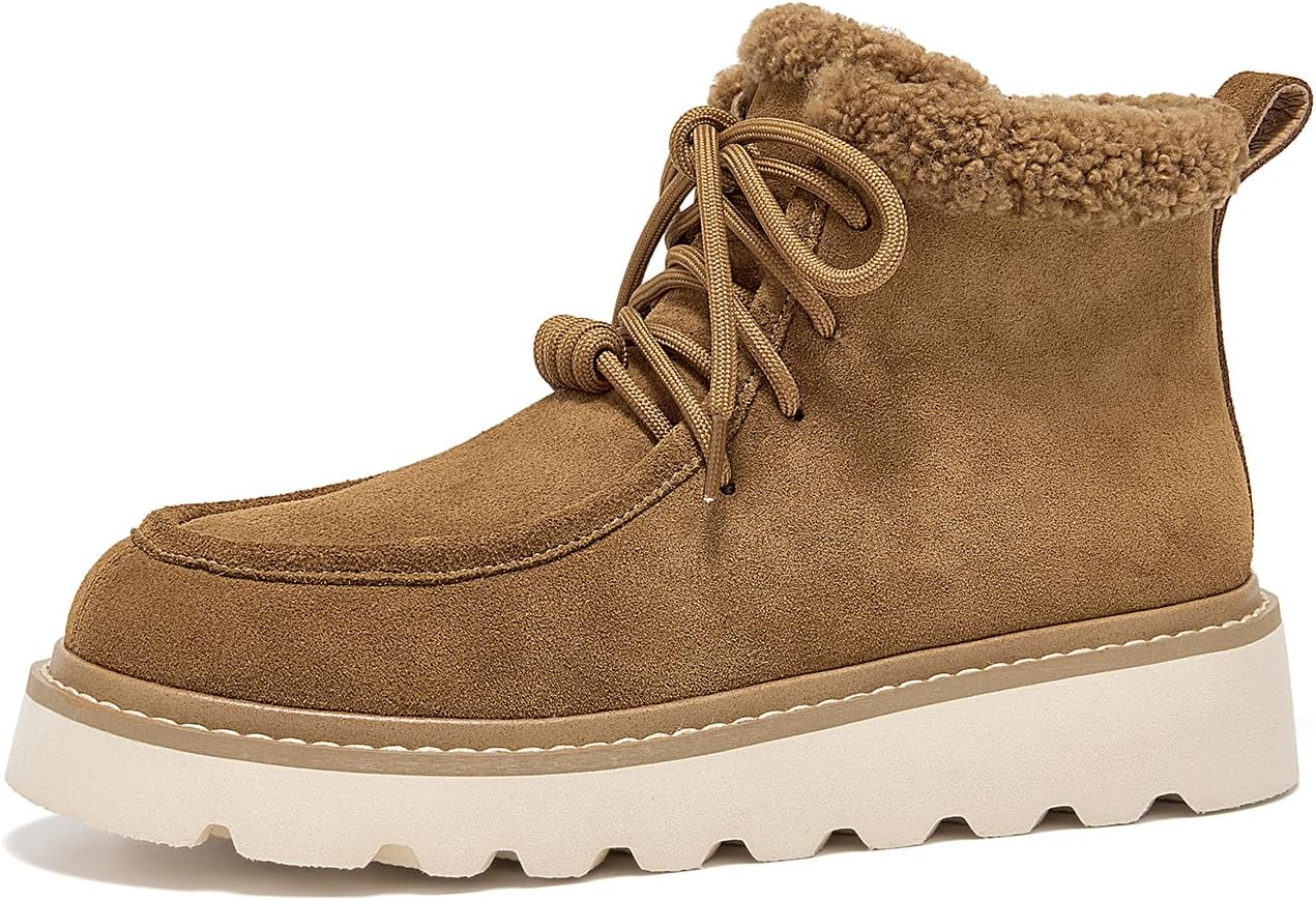BEAU TODAY Women's Winter Snow boots, Genuine Suede Platform Boots for Women, Warm Fur Lined Lace Up Round Toe Ankle Boots, Comfortable Anti-slip Outdoor Short Booties
