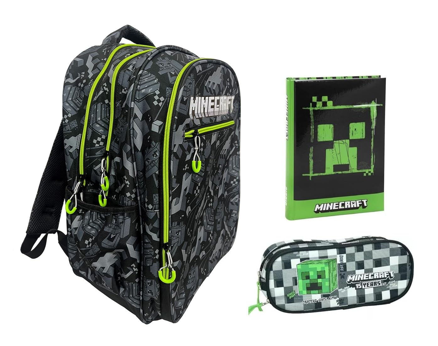 Zaino Scuola compatibile con Minecraft Tondo 3 Scomparti zip per bambini primaria media + astuccio ovale zip + Diario scolastico F.to Standard 18x14 cm