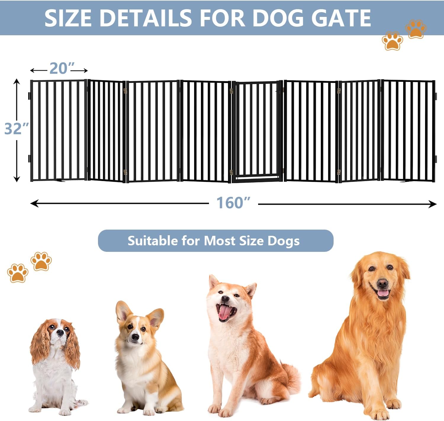 Full Metal Freestanding Dog Gates with Door, 32" Height Dog Fences for Indoor & Outdoor, Extra Wide Foldable Pet Gates for Stairs, Hallways, Doorways, Yard (8 Panels, 160" W × 32" H)